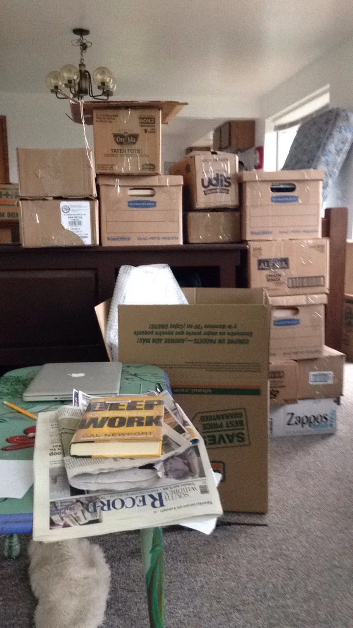 Our packing swarm left us with a wall of boxes. And there's that grey carpet! Love that "Deep Work" is in the foreground.