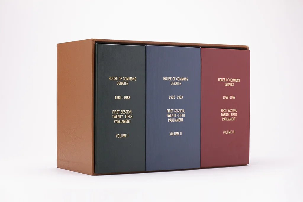 1st Edition, House of Commons Debates, First Session, Twenty-Fifth Parliament, Volumes I, II, and III (2018). 10.5" x 7" x 15.5”. Photo by Cory Ransom.