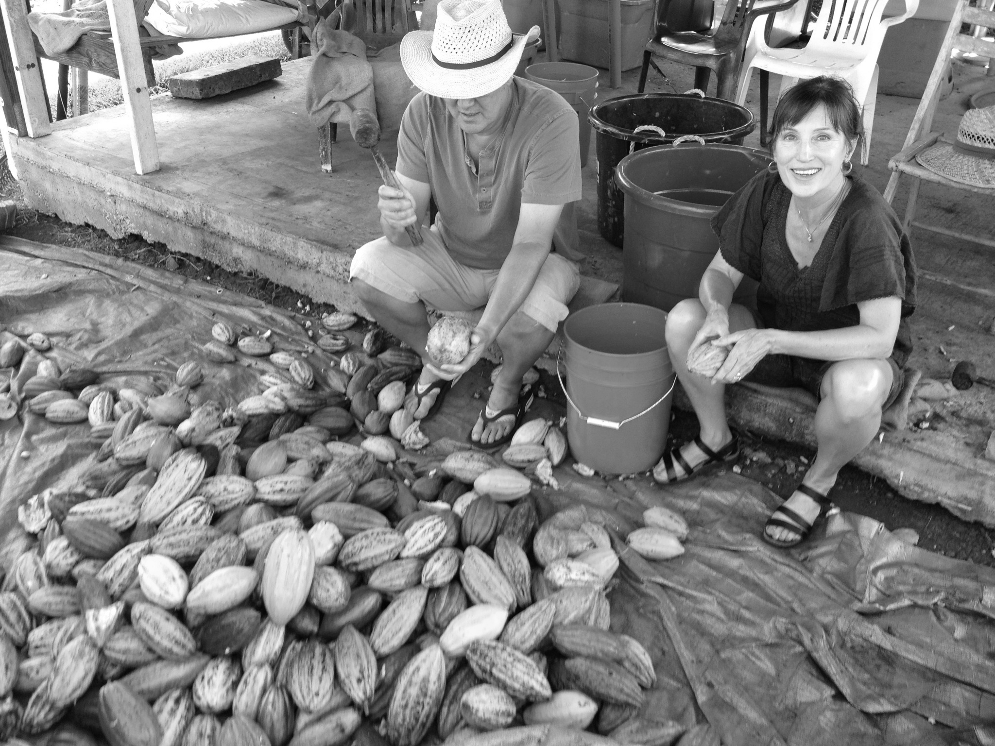 Andy and Jo with a cacao pod harvest