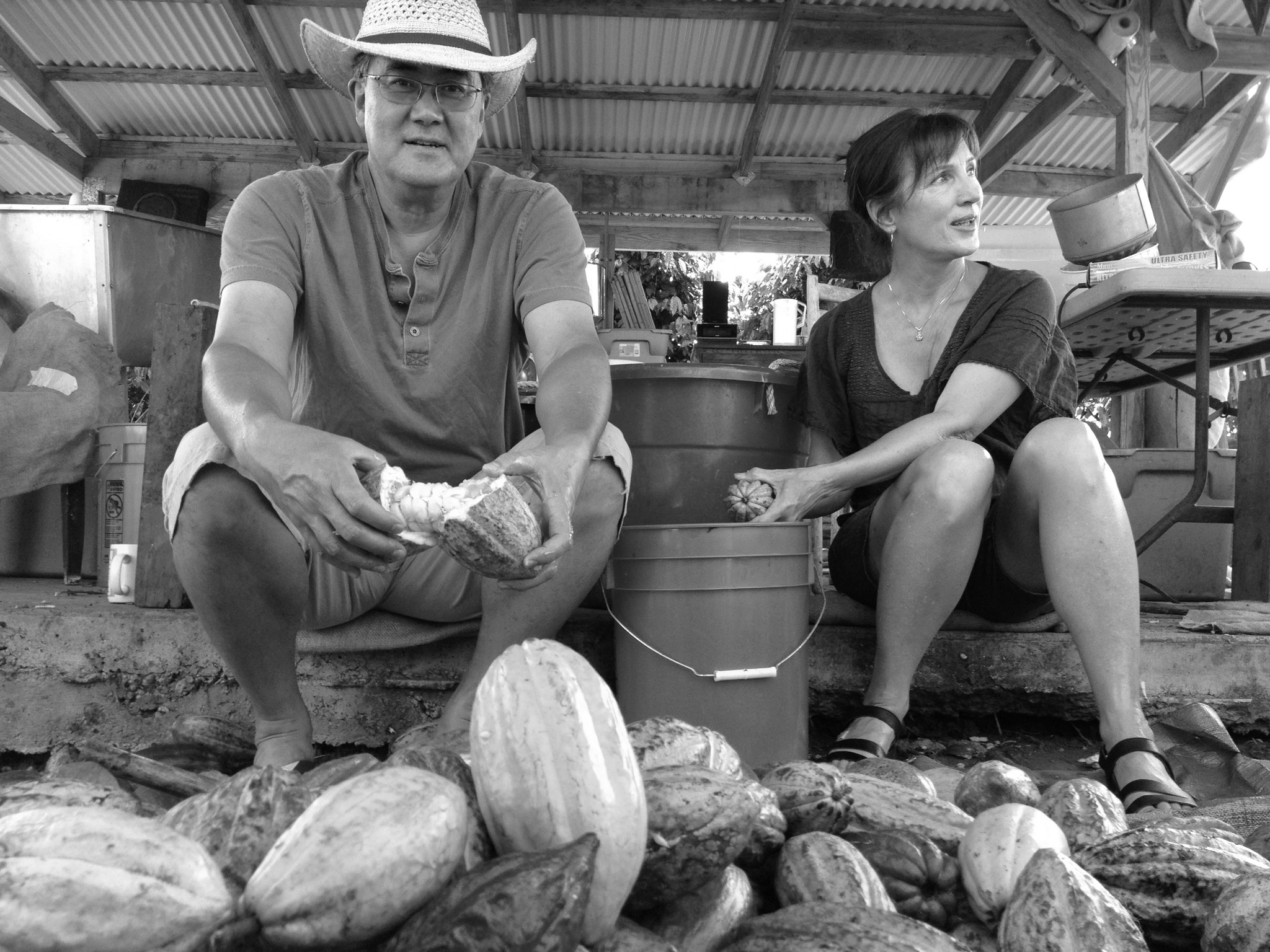 Andy and Jo with a cacao pod harvest