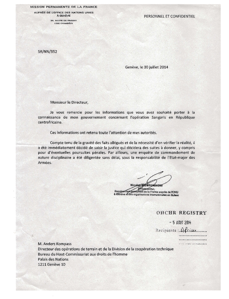 1- CAR letter from PR of France to Anders Kompass, OHCHR