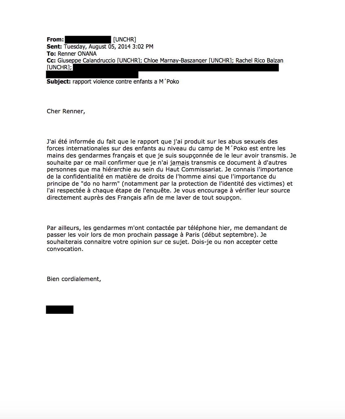 2 - Email from Human Rights Officer, OHCHR, to Renner Onana, MINUSCA