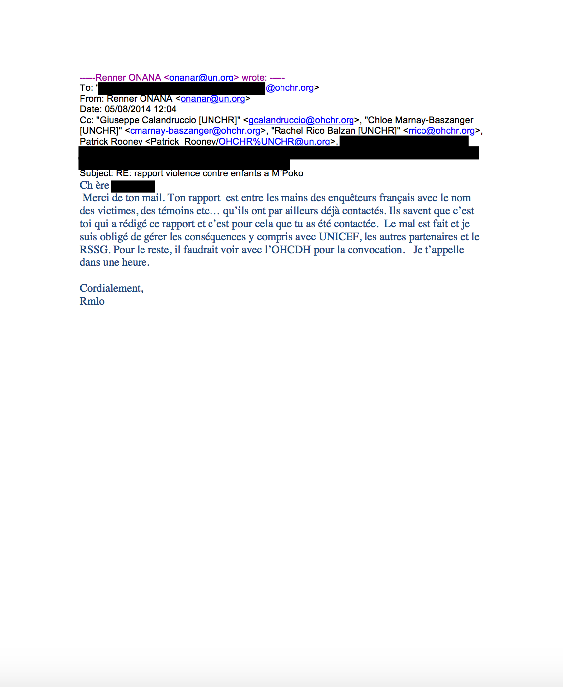 3- Email from Renner Onana, MINUSCA, to Human Rights Officer, OHCHR