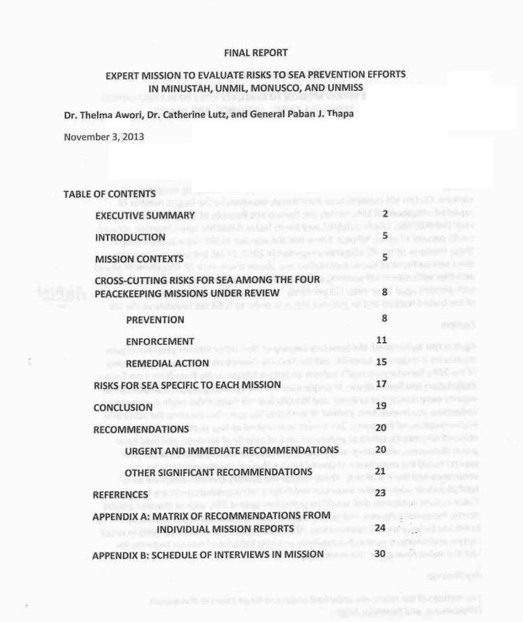 Expert Team Report on sexual exploitation and abuse in UN peacekeeping missions (Nov. 2013)