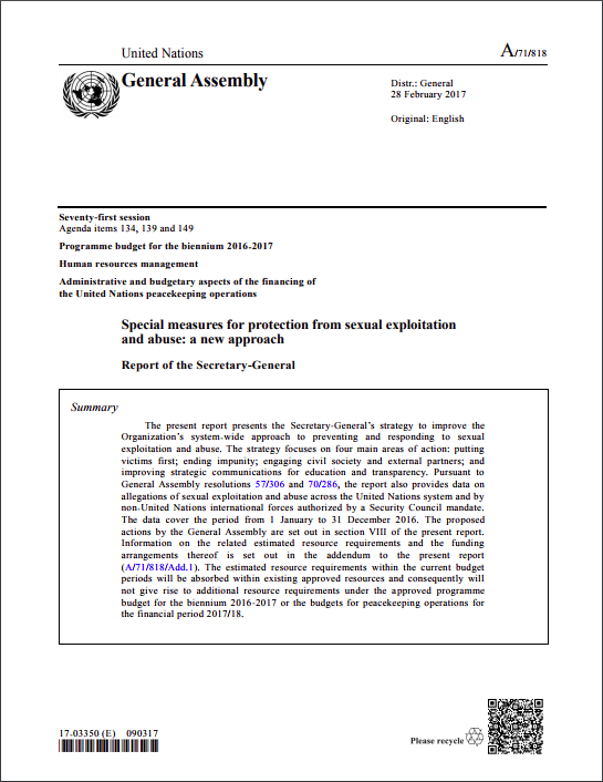 A/71/818: Special Measures report on protection from sexual exploitation and abuse