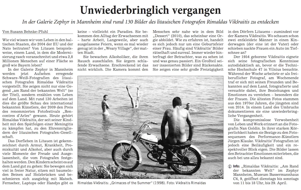 07.02.2018 Rhein-Neckar-Zeitung Unwiederbringlich vergangen. In der Galerie Zephyr sind rund 130 Bilder des litauischen Fotografen Rimaldas Vikšraitis zu entdecken.