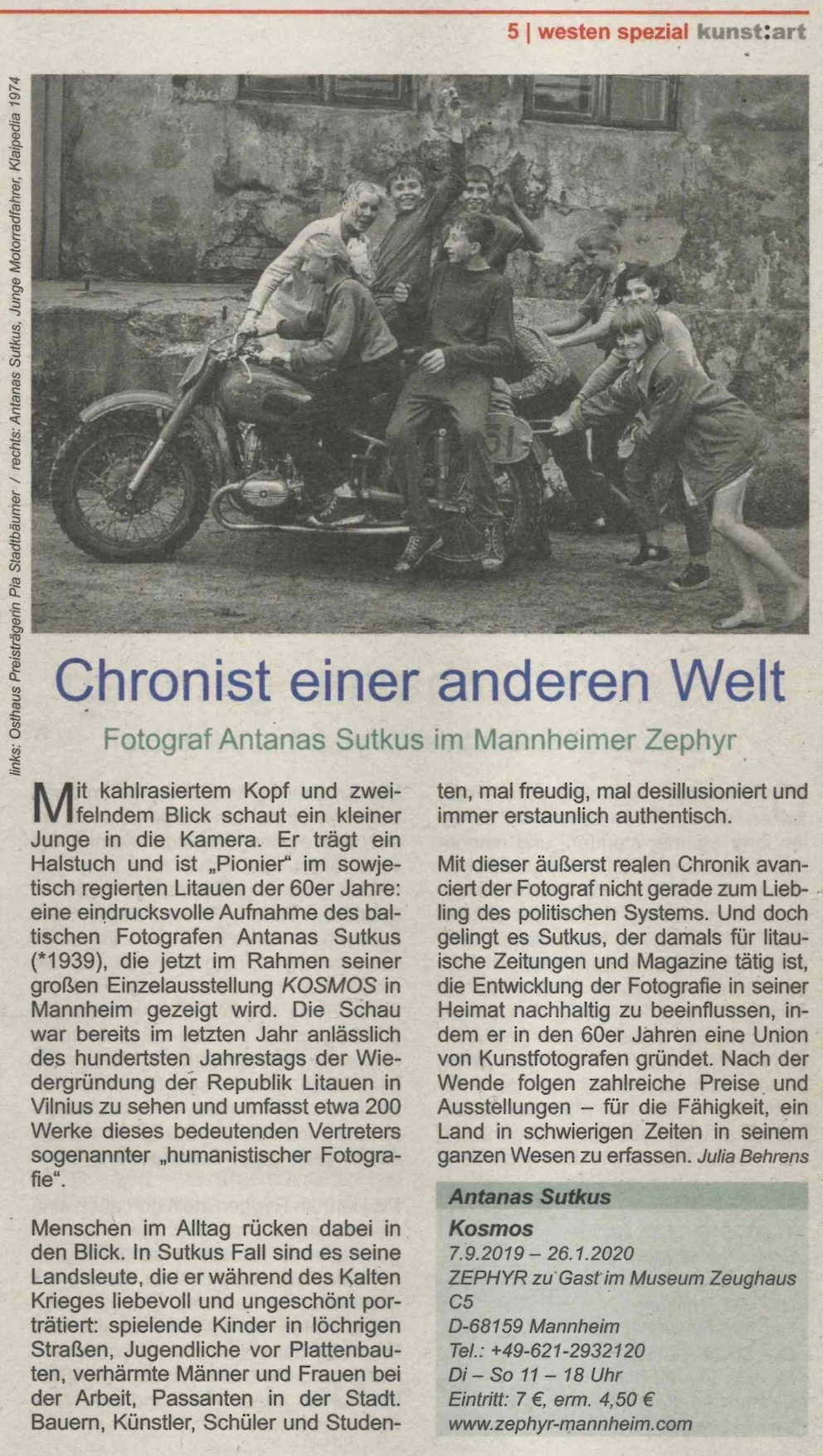 09/2019 Kunst:art, Julia Behrens: Chronist einer anderen Welt. Fotograf Antanas Sutkus im Mannheimer Zephyr