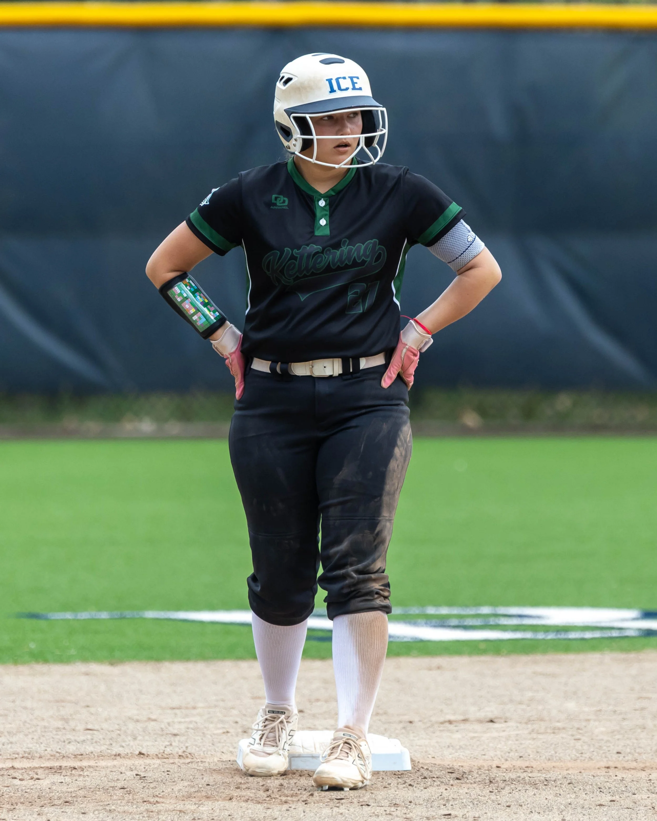 Kettering #27 stands on second base