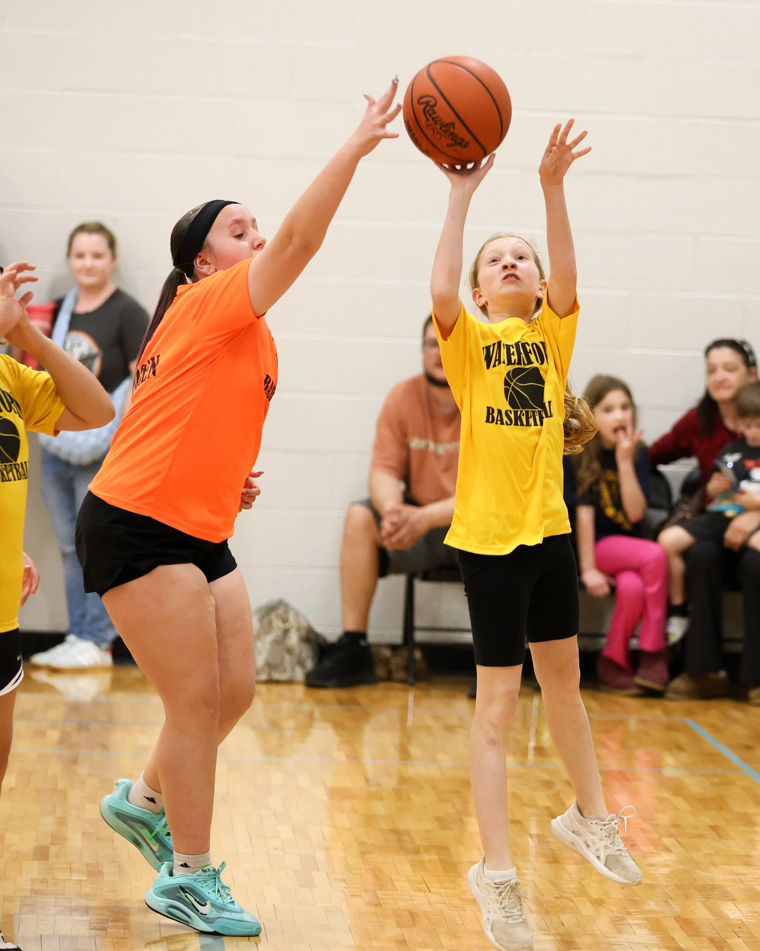 Schoolcraft girl shoots the basketball Knudsen tries to block the shot