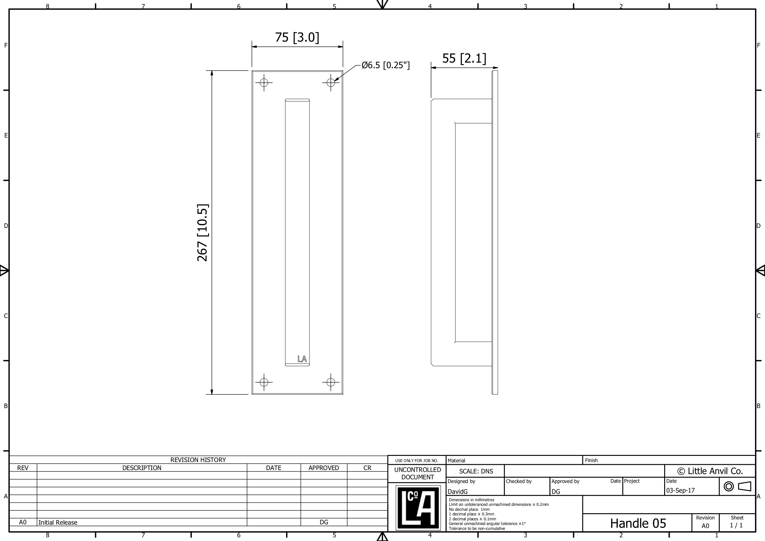 Door Handle Heavy Duty Steel Number 5 Five Oxide Blackened Dimensional Drawing