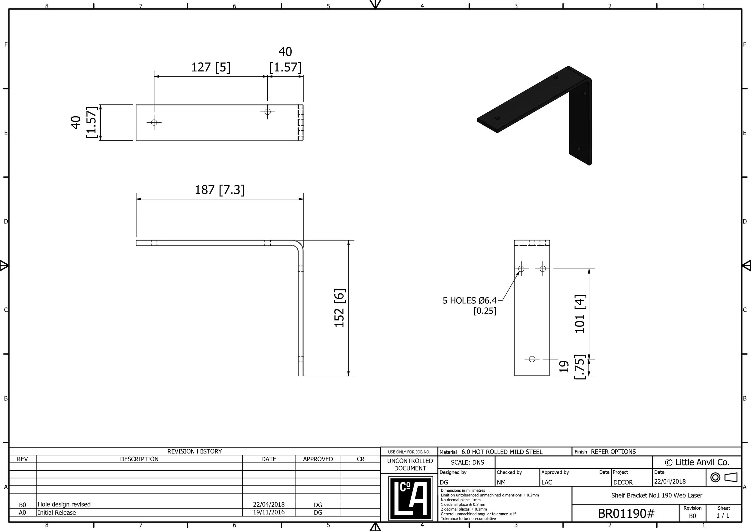 Shelf Bracket No1 Right Angle No Lip No Gusset Heavy Duty Dimensional Drawing 190mm