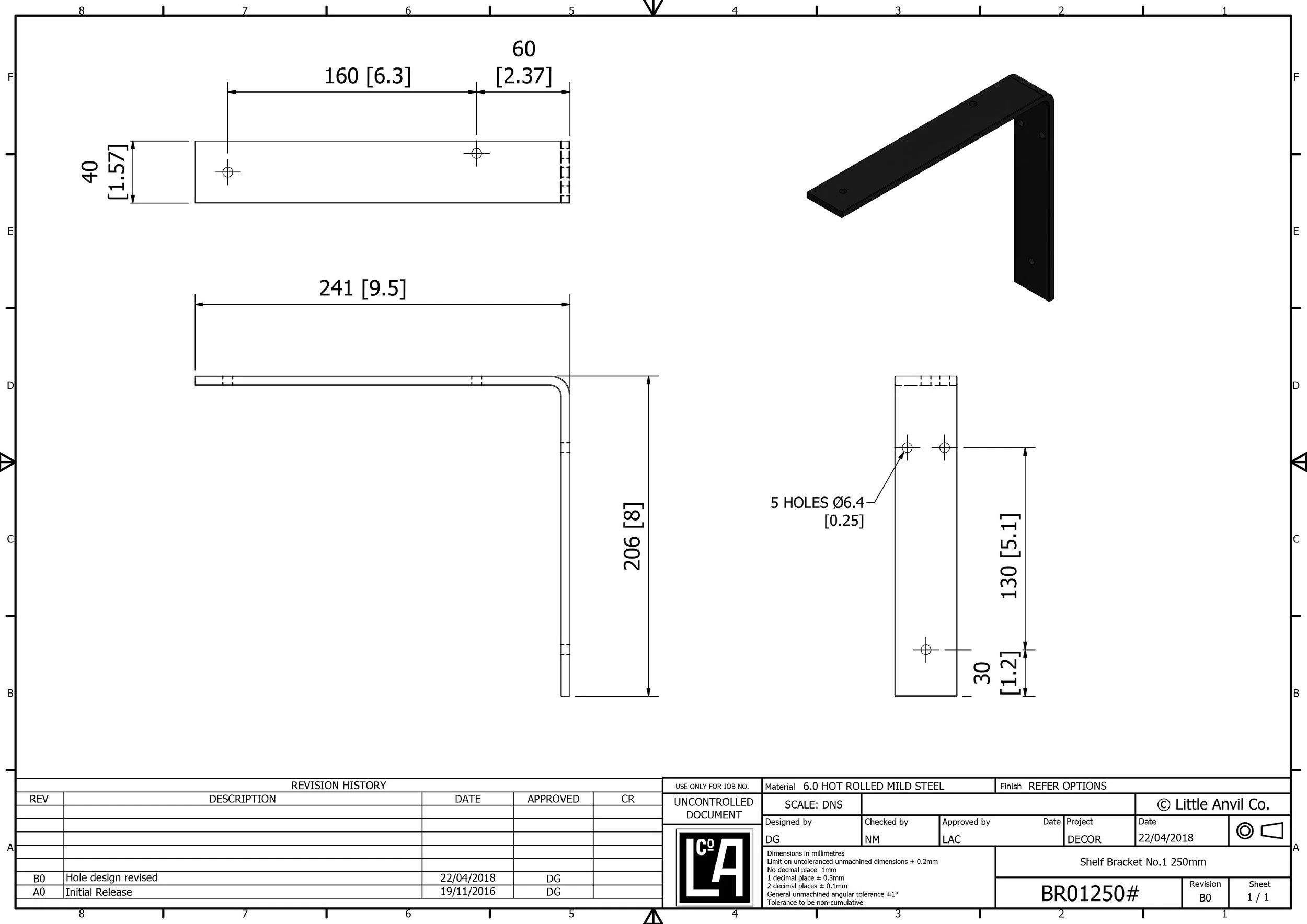 Shelf Bracket No1 Right Angle No Lip No Gusset Heavy Duty Dimensional Drawing 250mm
