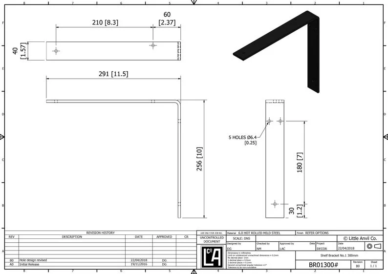 Shelf Bracket No1 Right Angle No Lip No Gusset Heavy Duty Dimensional Drawing 300mm