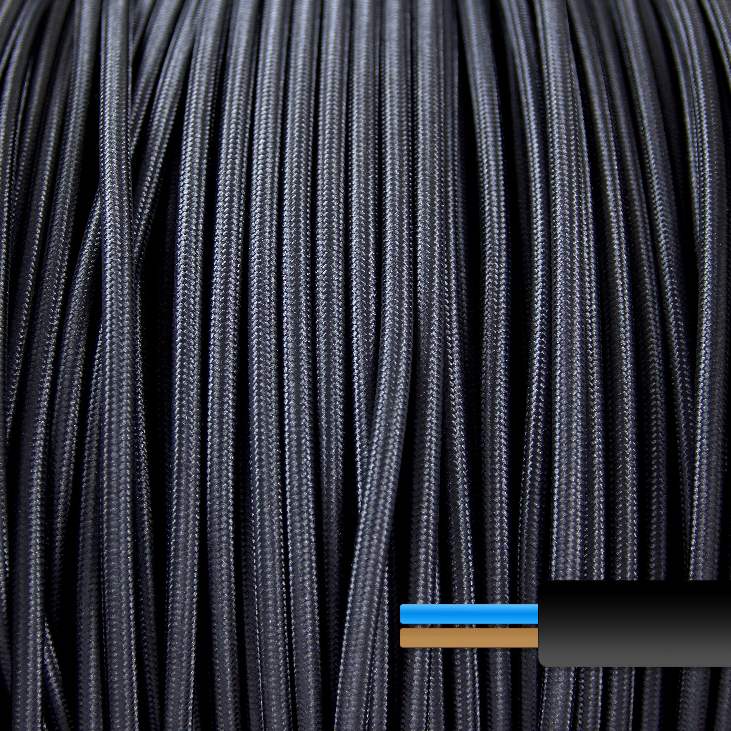 Fabric Covered Electrical Cable | Black | Round | 2 Core | 240v