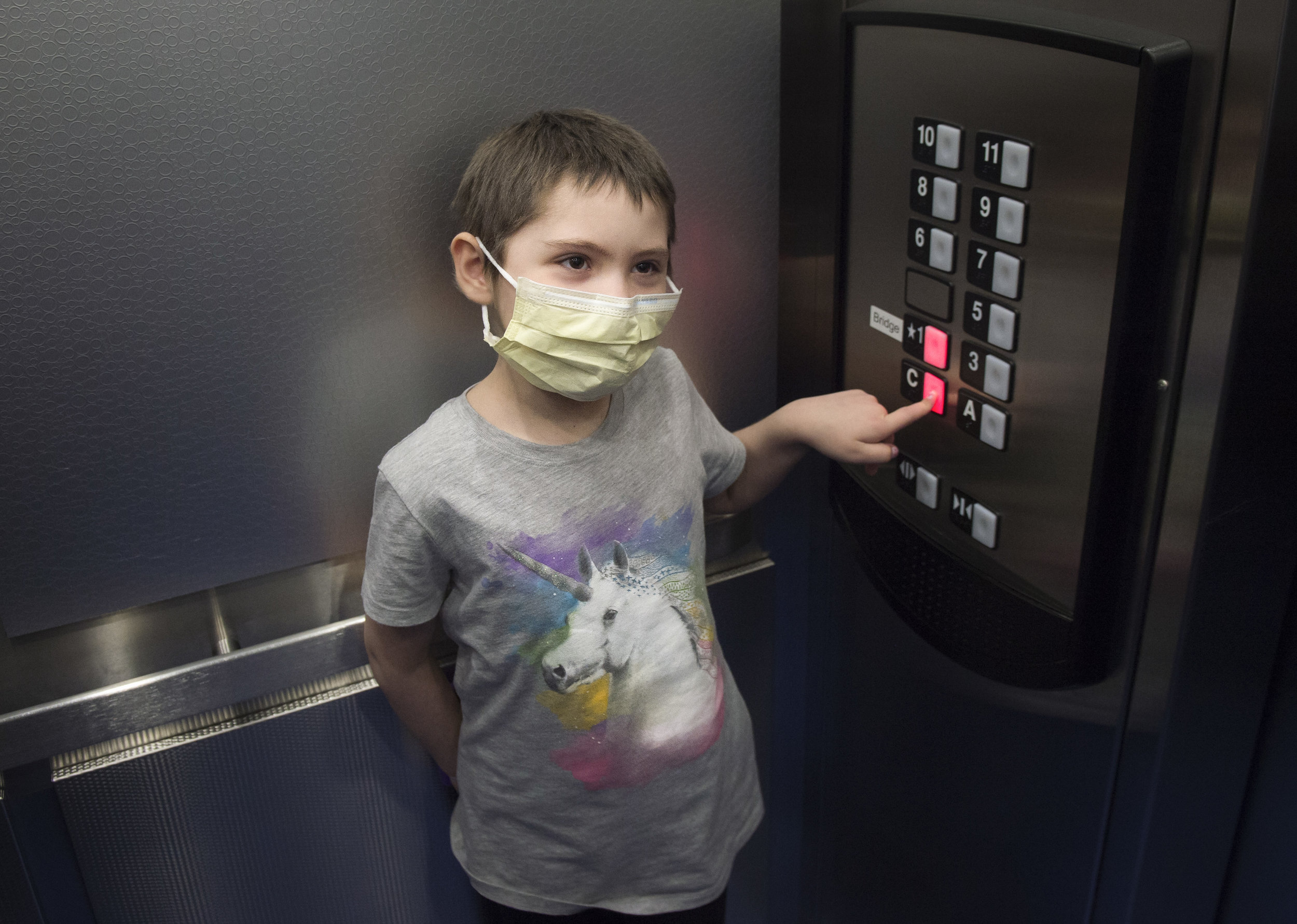  Naomi went through two months of isolation after getting her bone marrow transplant and now she is making her own platelets and doing well each and every day. She presses the level C button in the elevator to get her broviac port taken out. It will 