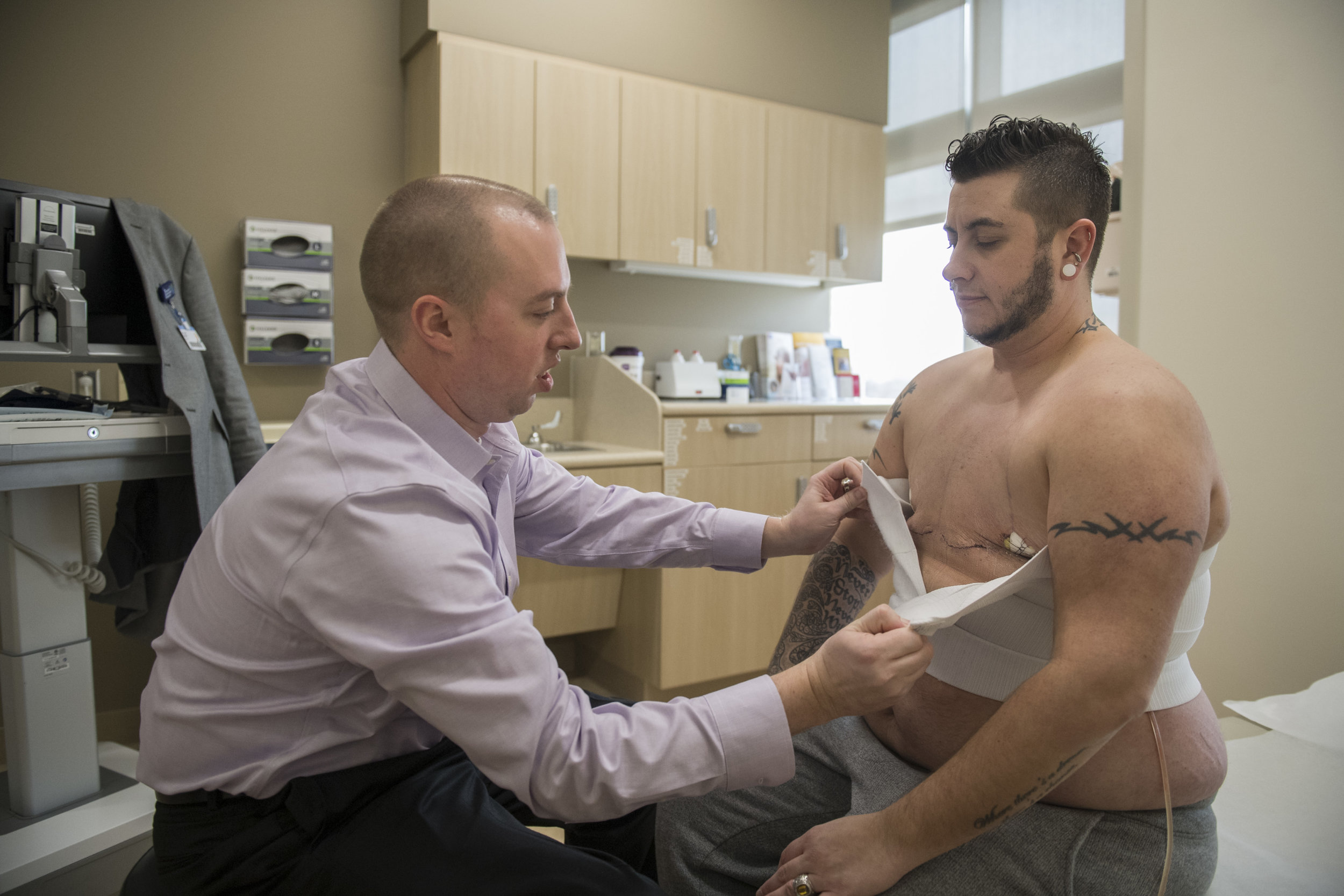  Dr. Wright removes the binder for the first time to see how Beau’s chest is healing.  