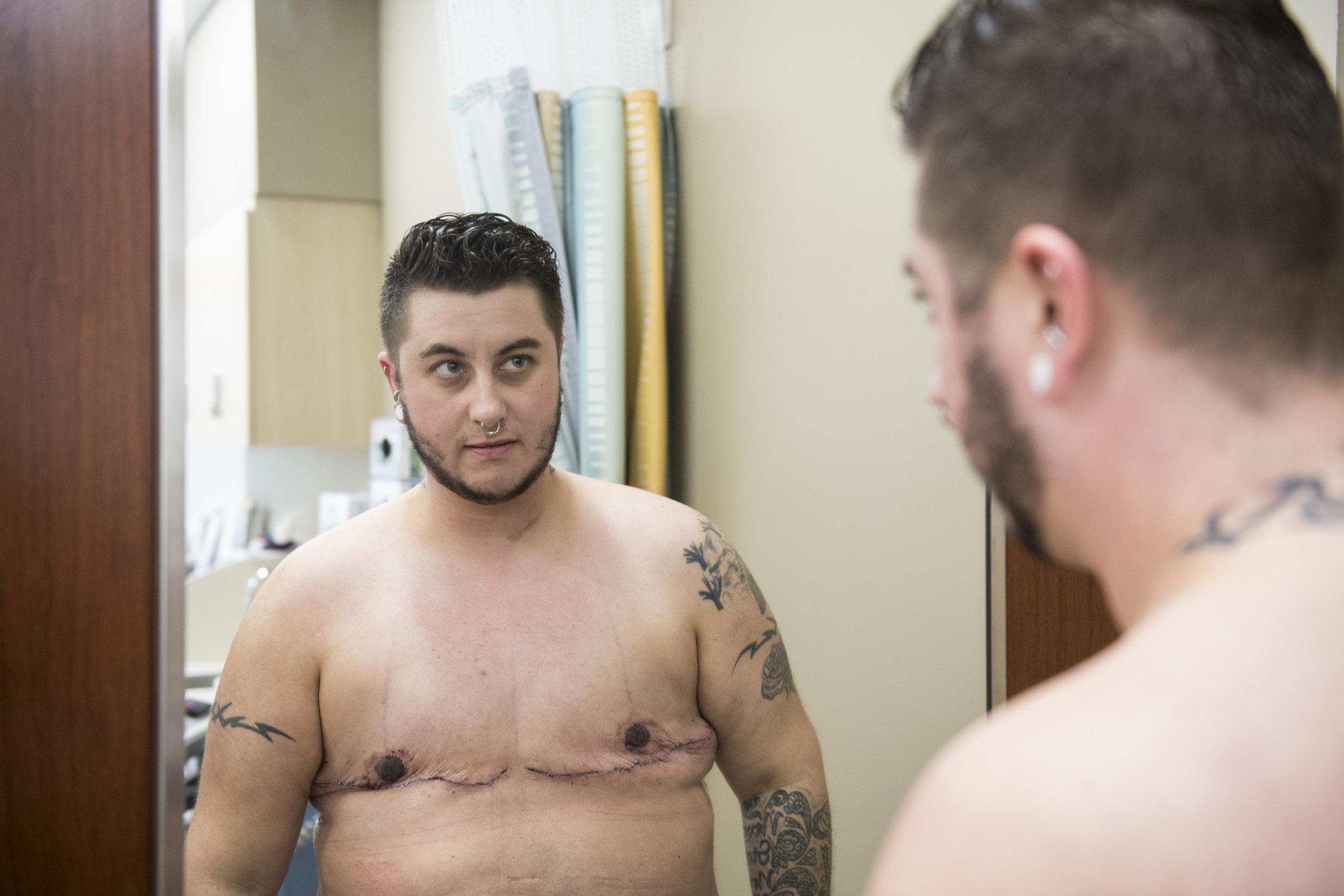  Beau looks at himself for the first time without breasts. “For the first time in my life, I can exhale—not just breathe to live, but to really let it out, because my autonomy in many ways is complete. I’m not just breathing and existing in a body I 