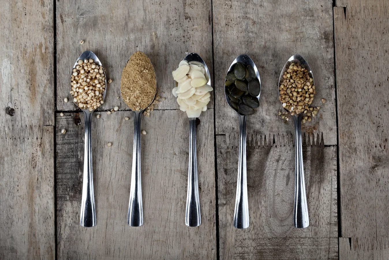 Some of the crumble topping ingredients: puffed quinoa, rapadura sugar, flaked almonds, pepitas and buckwheat.