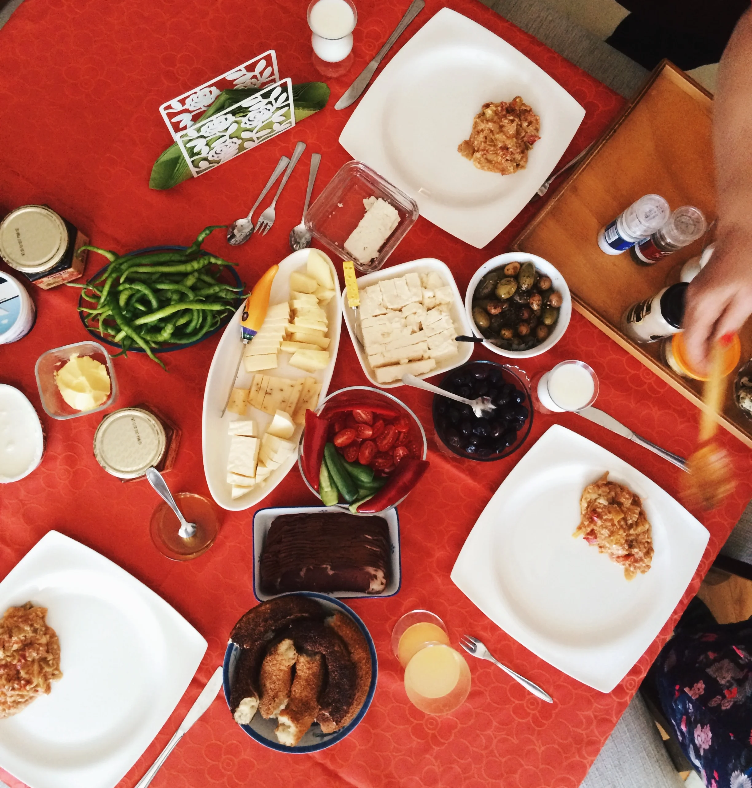 The beautiful breakfast spread we got presented with just hours after this 5AM feast when we had woken containing various cheeses, labneh, various marinated olives, simit, fresh peppers, tomato, cucumber and more! All served with a glass of fresh lemon juice!