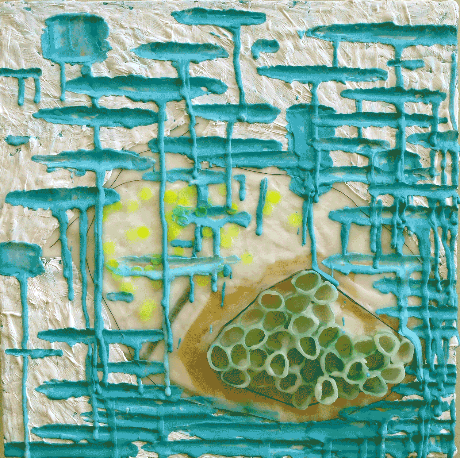   ​The Pain is Gentle 2.0   2012 | encaustic, sequins, thread and found objects on panel | 10 x 10 |​ $375 