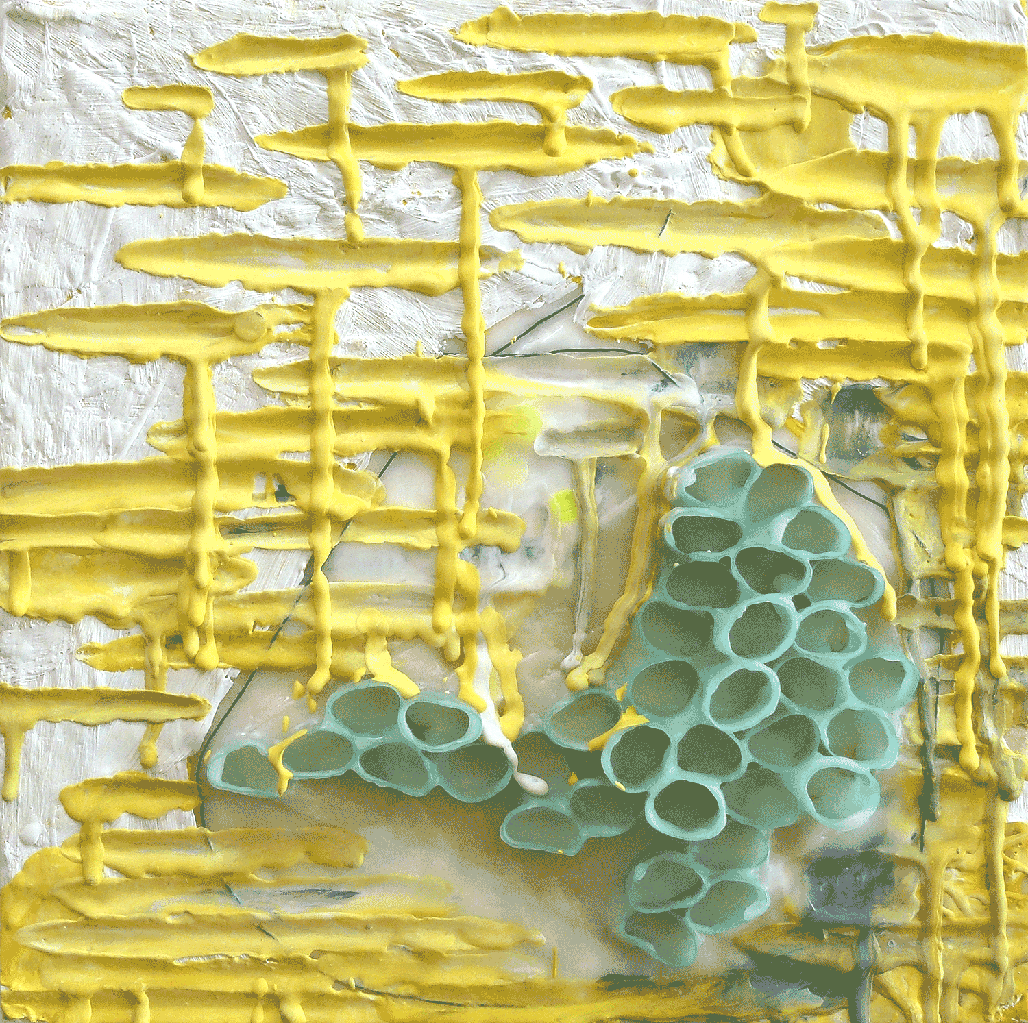 Enduro KA-20 2.0 2012 | encaustic, sequins, thread and found objects on panel | 8 x 8 | $275