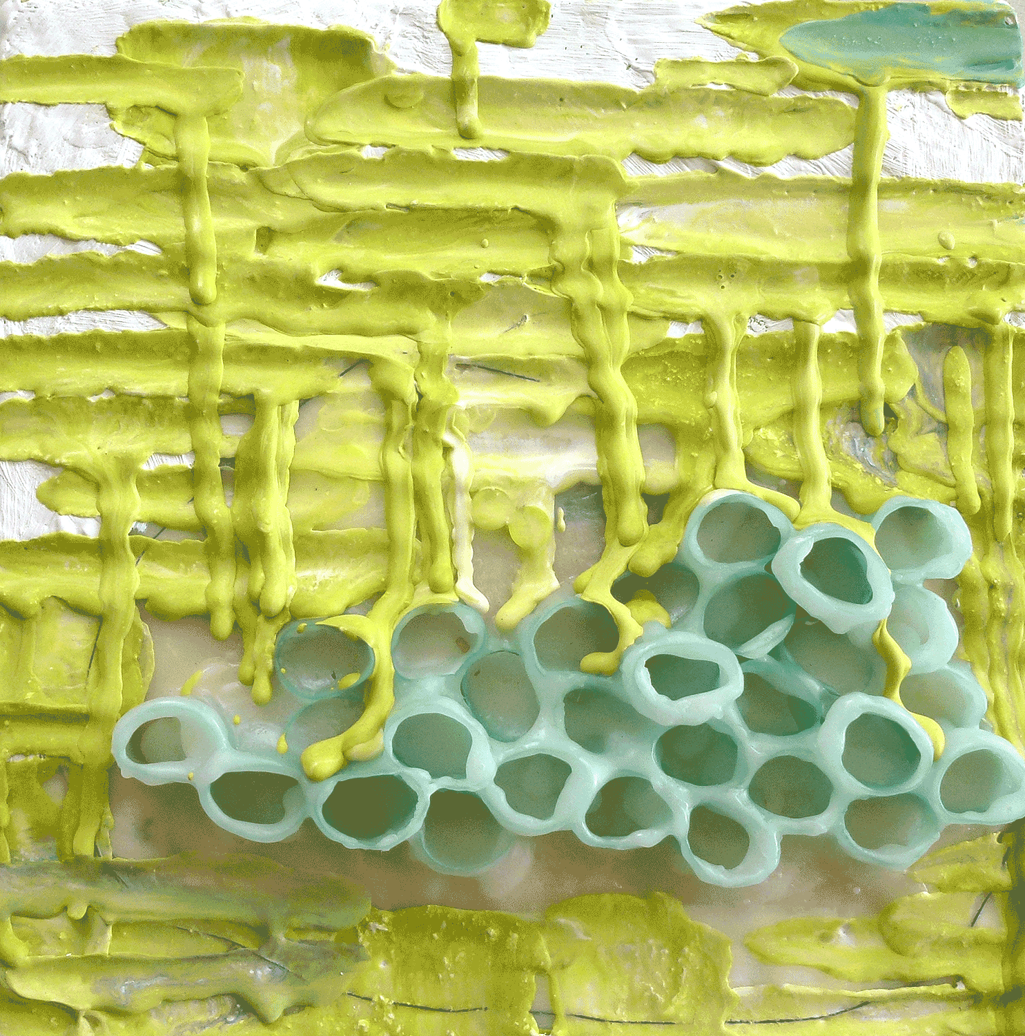 Do You Feel Safer Now? 2.0 2012 | encaustic, sequins, thread and found objects on panel | 6 x 6 | $175