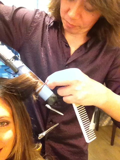 Step 5: Yuki - "Use heat to lock in silky smoothness (either with a straightening or curling iron)." I like my hair wavy so Yuki uses a curling iron. Step 6: "Put in neutralizer." Step 7: "Wash hair." Step 8: "Blowdry again." 