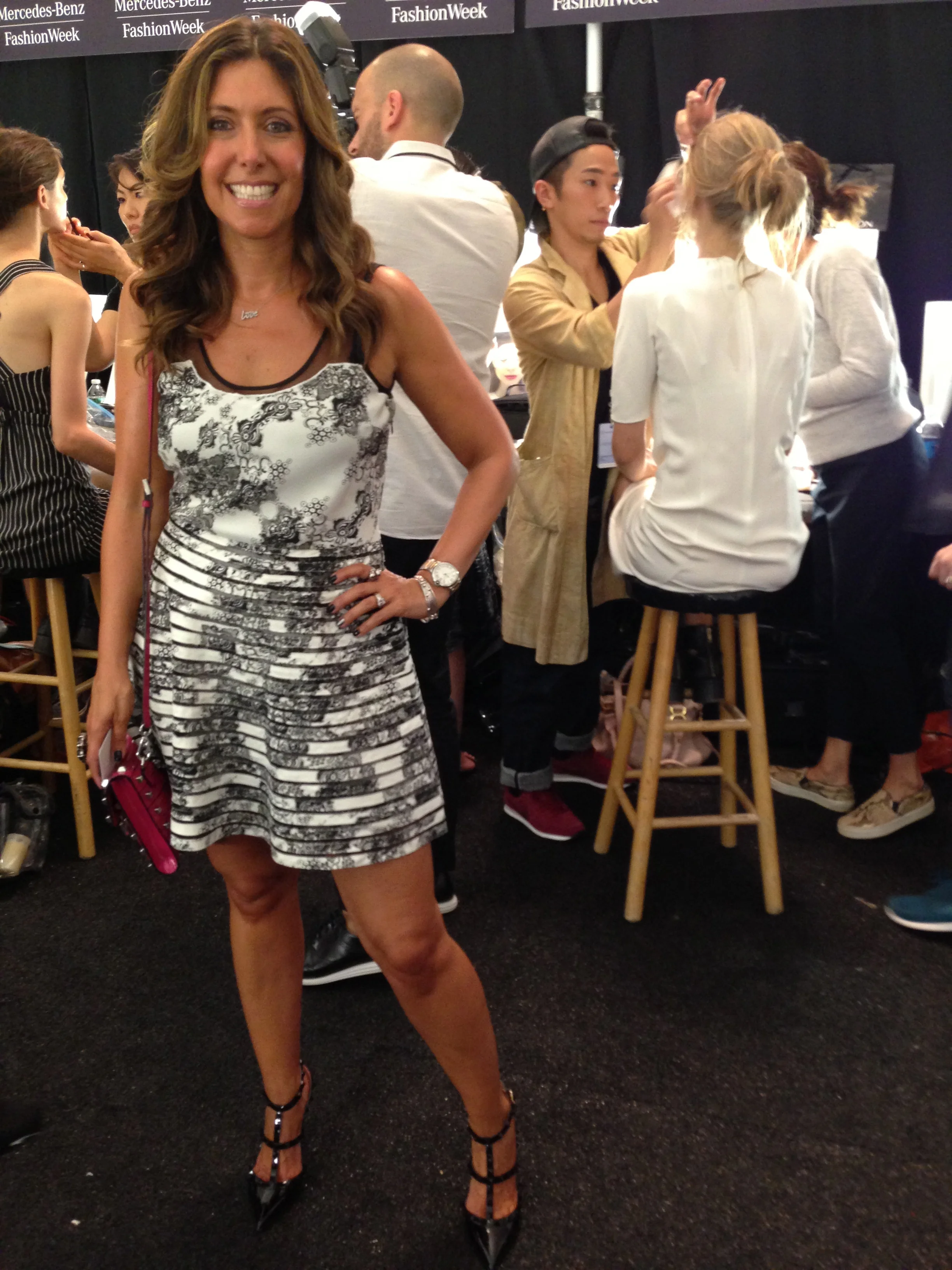 Back Stage at J Mendel. Wearing my new Valentino pumps with a dress by Parker, available for $298, Intermix.