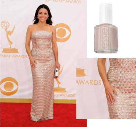Actress: Julia Louis-Dreyfus essie shade: blushing bride ($8/ www.essie.com ) Inspiration : “essie’s blushing bride – a perfect flush of pale pink – was a flawless, rosy shade to compliment Julia’s silver, structured Monique Lhuillier gown,” said Celebrity Manicurist, Emi Kudo.