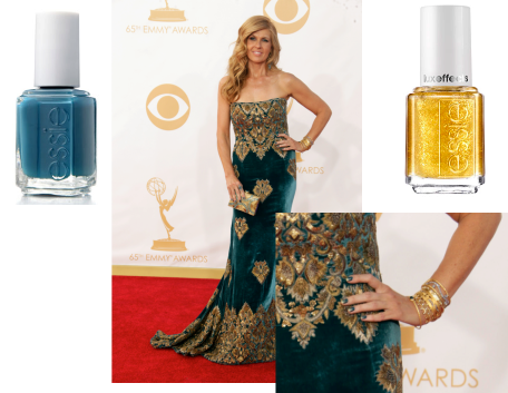 Actress: Connie Britton essie shades: go overboard ($8/ www.essie.com ) and l uxe effects as gold as it gets ($8/ www.essie.com ) Inspiration: “We wanted to create something fun and edgy so started with a coat of essie’s go overboard , then applied essie’s luxe effects in as gold as it gets on the tips, fading down onto the base of the nail, for a glamorous take on the French tip,” said Celebrity Manicurist, Beth Fricke.