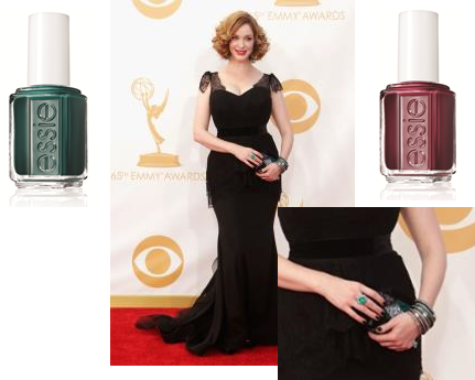 Actress: Christina Hendricks essie shades: stylenomics ($8/ www.essie.com ) and skirting the issue ($8/ www.essie.com ) Inspiration: “To keep Christina’s nails looking dark and edgy, without fading into her black dress, we layered essie’s stylenomics and skirting the issue for a glamorous and unassuming look that popped against her gorgeous, emerald accessories,” said Celebrity Manicurist, Lisa Postma. 