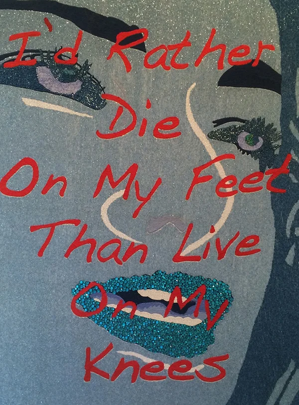 "I'd Rather Die on My Feet Than Live On My Knees" (BLUE), 2013 Beads, Rhinestones and Embroidery on Canvas, 54 x 41 in / 137 x 104 cm