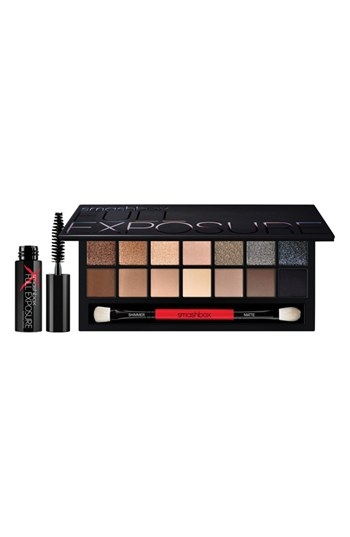 Smashbox "Full Exposure" Eye Palette, Available at Nordstrom, $49 Includes a double-ended brush, Palette includes:- 14 eyeshadows (0.49 oz.)- Deluxe sample Full Exposure mascara (0.14 oz.)- Double-ended brushShades include:Shimmer:- Chocolate Brown with golden pearl- Deep Golden Brown with gold pearl- Soft Gold with gold and silver pearl- Light Tan with gold and silver pearl- Golden Wheat with gold pearl- Midtown Slate with silver pearl- Rich Grey with multicolor and silver pearlMatte:- Warm Chocolate Brown- Midtone Brown- Midtone Tan- Creamy Beige- Soft Light Taupe- Ashy Dark Brown- Suede Black 
