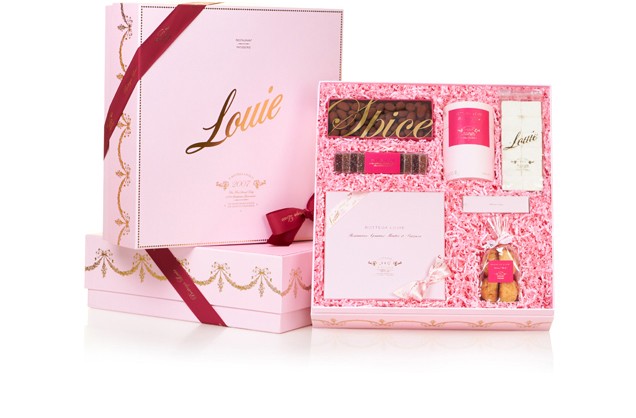 Bottega Louie Gift Box IV, $100 15 assorted macarons: strawberry & lychee pâte de fruit, spice cocoa almonds, fine cocoa, vanilla marshmallows, almond dragées, coconut rocher