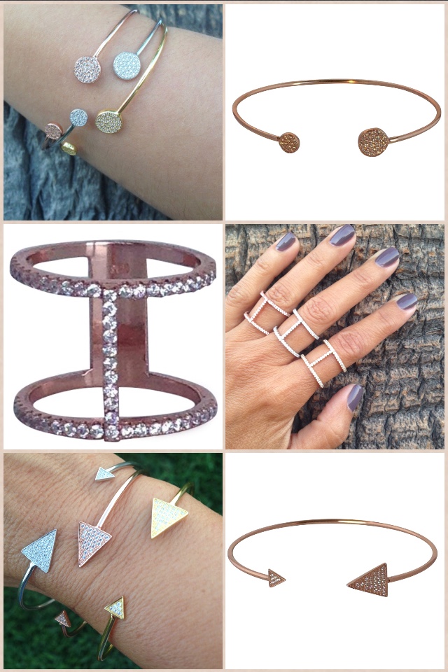 Pave Circle Bangle $65 each, Double Bar Ring $65, Pave Triangle Bracelet $65 each. Contact Esther@Essiecollection.com to purchase. Website coming soon!