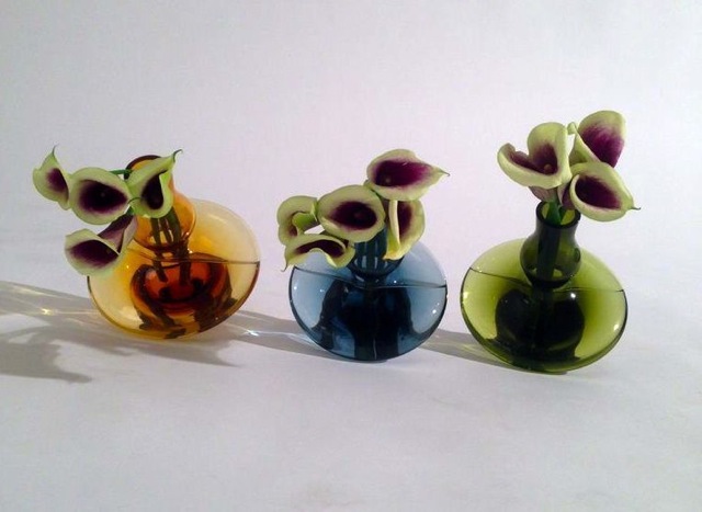 Essie Collection - Spin Colored-Glass Vases, $90 for set of three. Each vase is 7 inches high. Contact Esther@essiecollection.com to order.