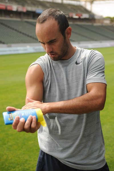 Neutrogena brand ambassador Landon Donovan wearing Neutrogena CoolDry Sport Sunscreen Lotion, SPF 30, $10.99