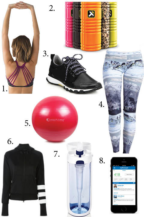 1. Lululemon Sports Bra , $48 2. Triggerpoint Performance Foam Roller , $40 3. adidas by Stella McCartney Adizero XT Sneakers , $180 4. Onzie Long Leggings, $65 5 . SmarterLife Products Fitness and Stability Ball , $25 6. Y3 Striped Sleve Hoodie , $255 7. KOR Nava Filtered Reusable Water bottle , $22 8. My Fitness Pal App