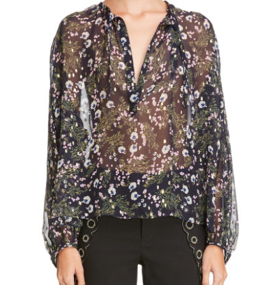 Metallic Floral Print Silk Blend Blouse
