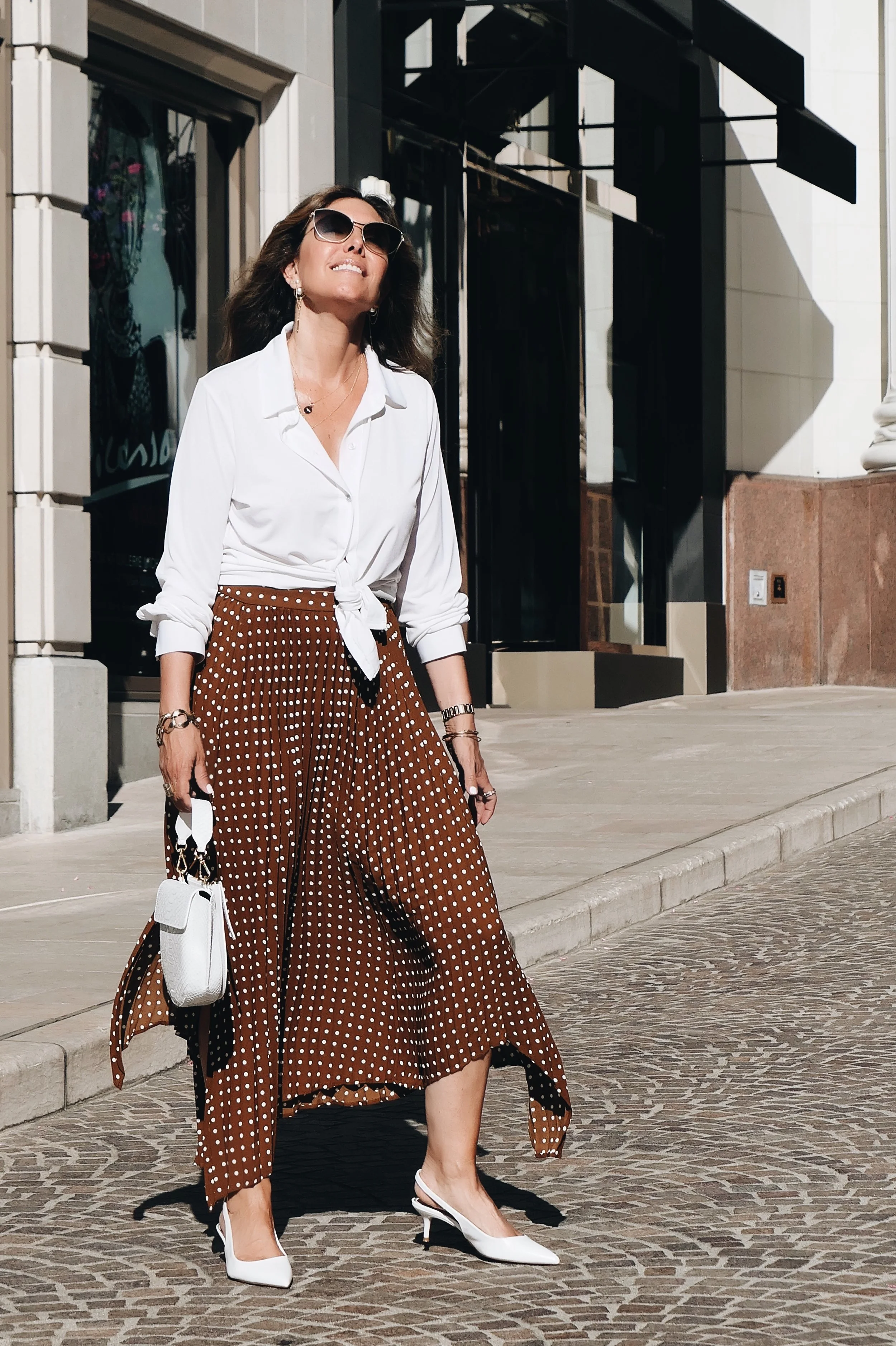 Skirt by Zara, similar here, Bag by Wandler, Shoes by Zara - similar here, Shirt by Franne Golde , Sunnies by Oliver Peoples