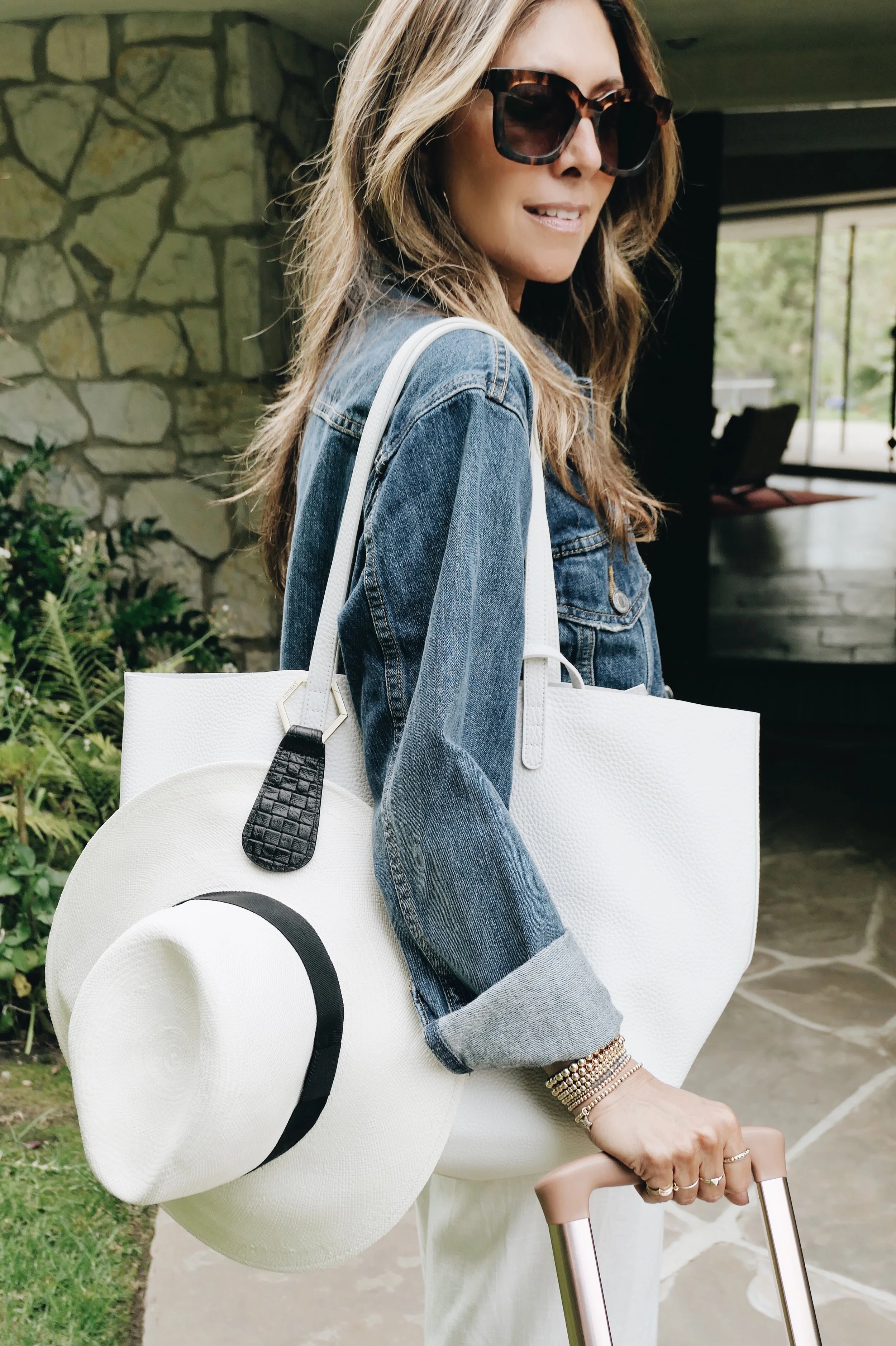 Sunnies by Diff, Ex-Boyfriend Trucker Jacket by Levis, Tote bag by Mansur Gavriel &amp; Hat by Halogen, Hat Clip by TOPTOTE.