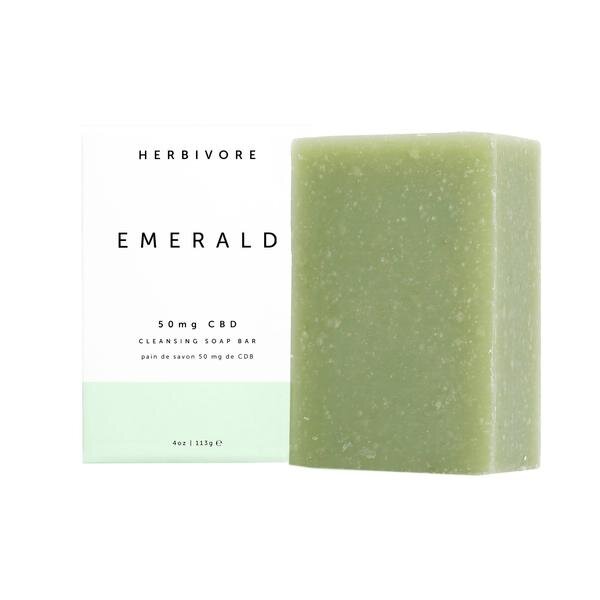 Herbivore Botanicals Emerald CBD Cleansing Bar Soap Formulated with nourishing and moisturizing hemp seed oil, pore-purifying kaolin clay, and 50mg of certified organic full-spectrum CBD, which helps to reduce the appearance of redness.