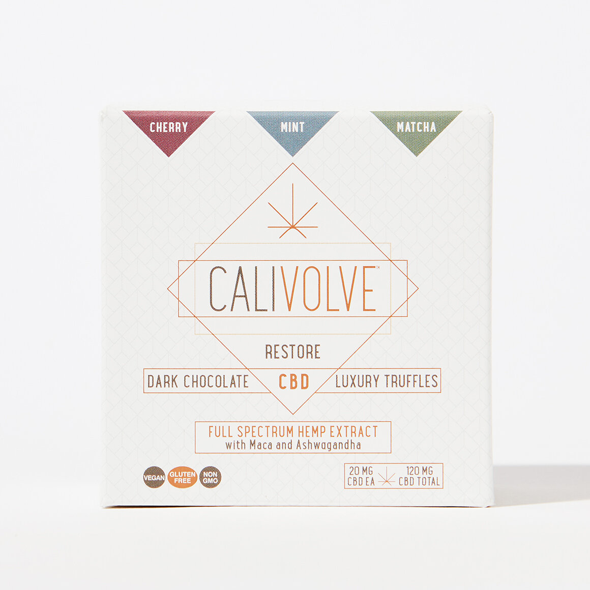 Calivolve RESTORE Collection Chocolate Box - Full of cannabinoid rich hemp extract. Includes two pouches of each flavor (cherry, mint, matcha) with 20mg of CBD per piece.