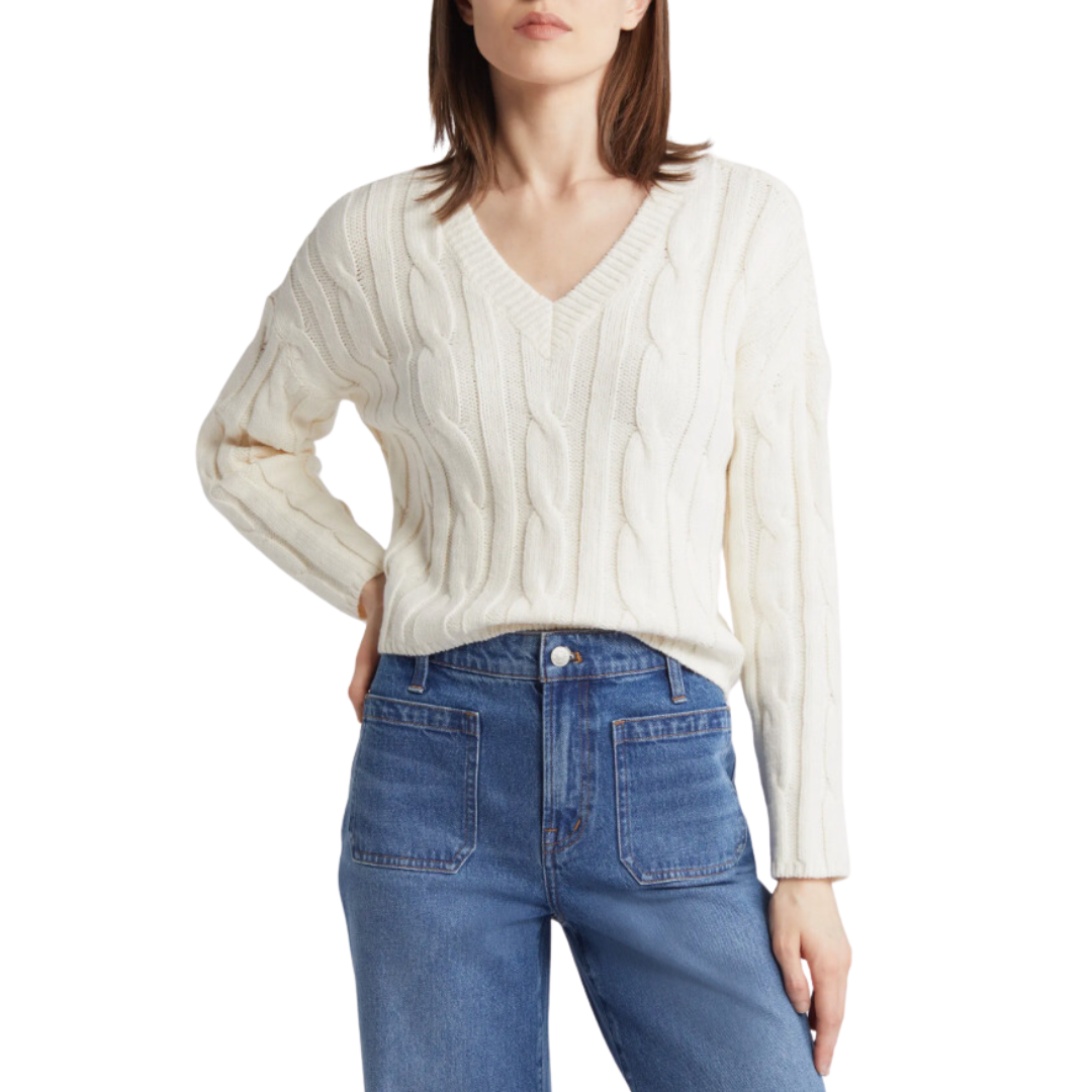 Madewell Cable Knit V-Neck Sweater