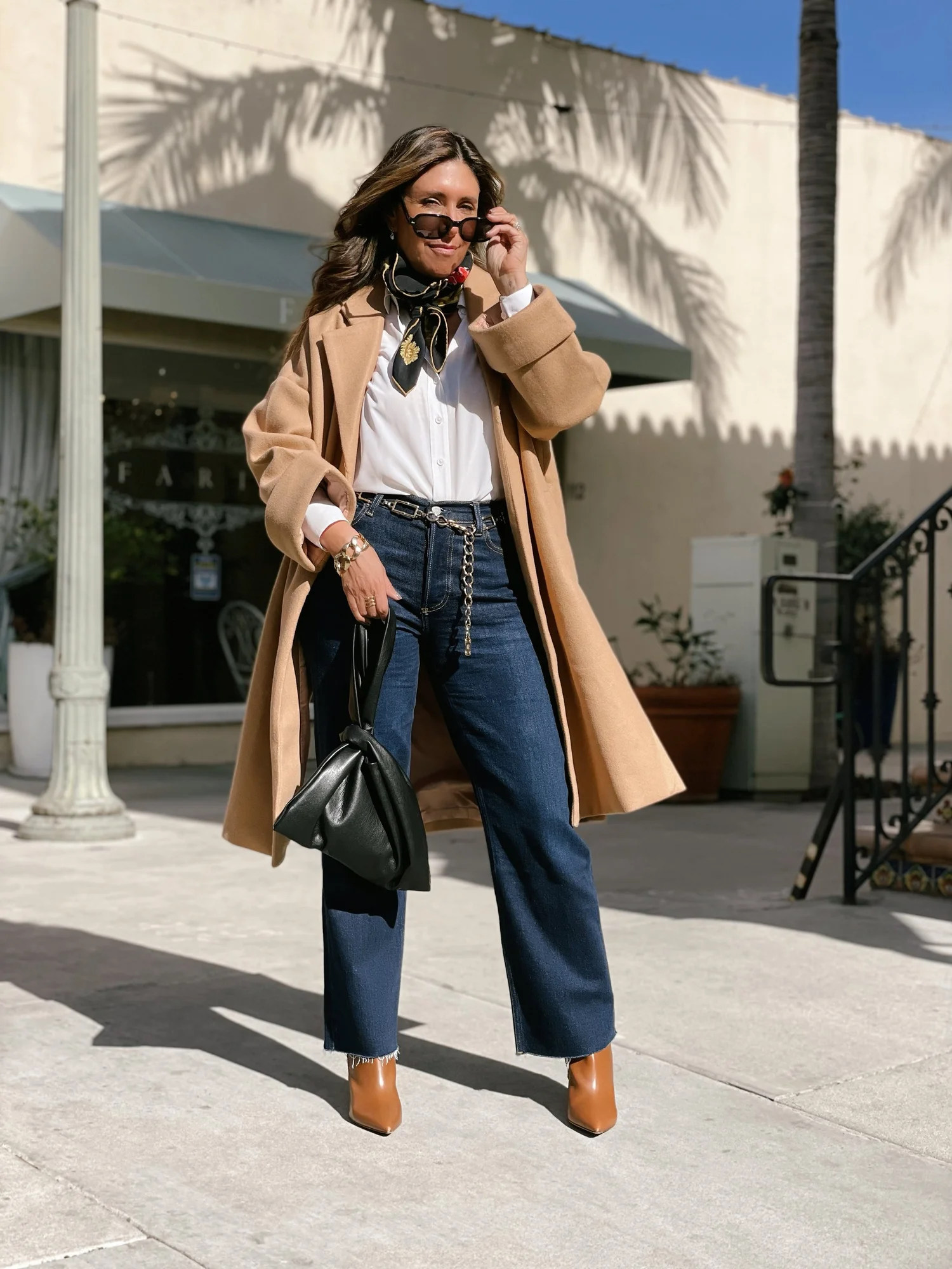 Dark wash denim outfit for a polished look over 50