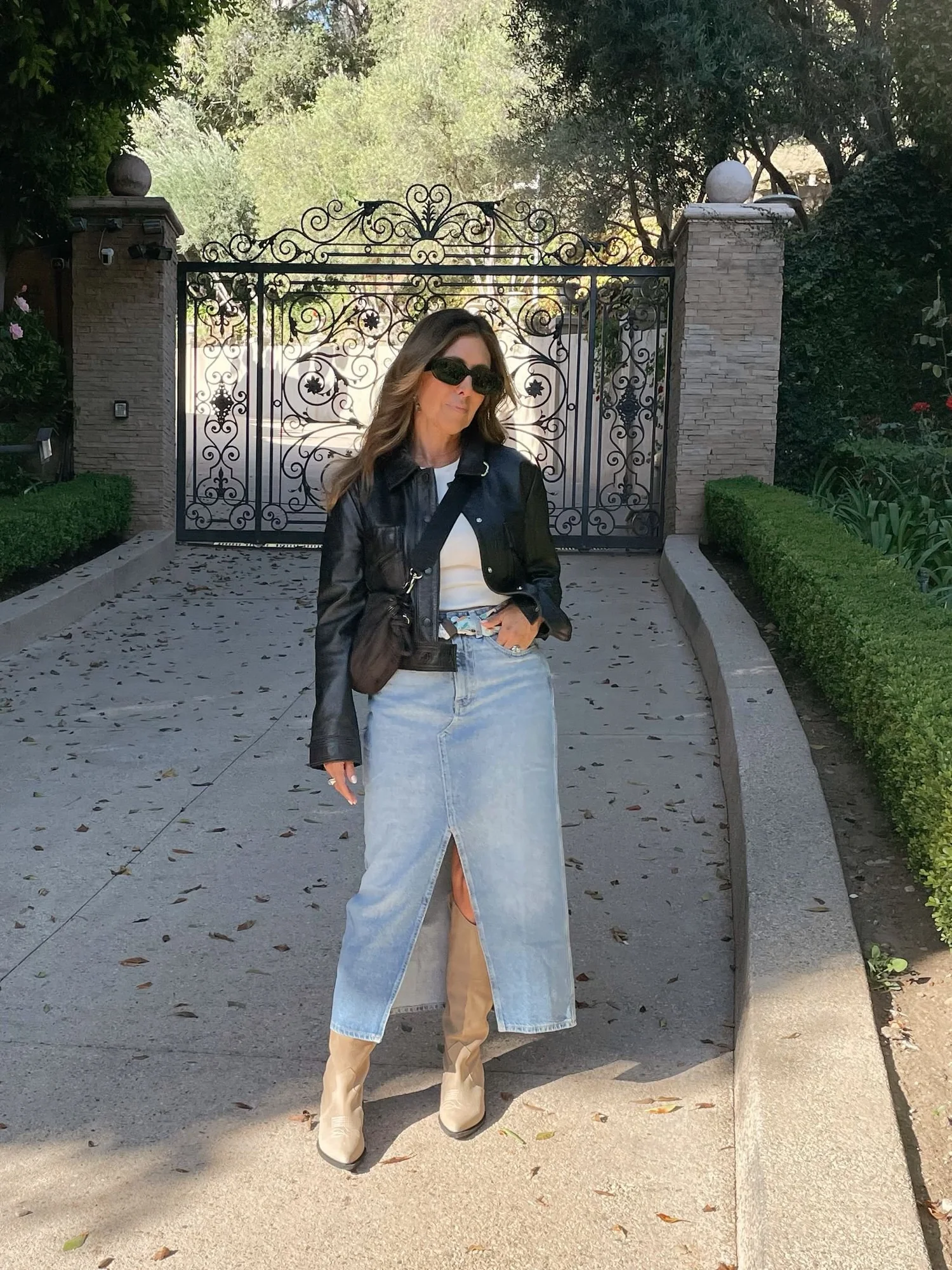 Dressy denim outfit for an evening look over 50