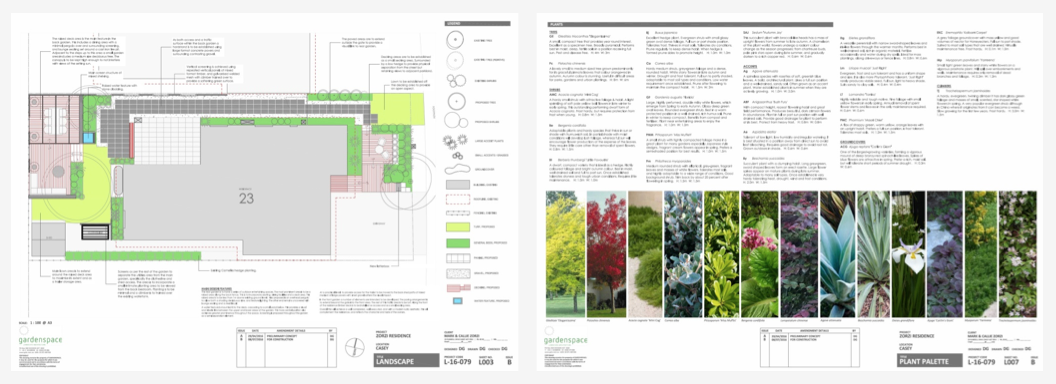 A “to-scale” CAD drawn plan that develops the earlier ideas to more specific level. At this stage the specification of the palette of materials and plants to be used is started. These are recommendations for client selection.