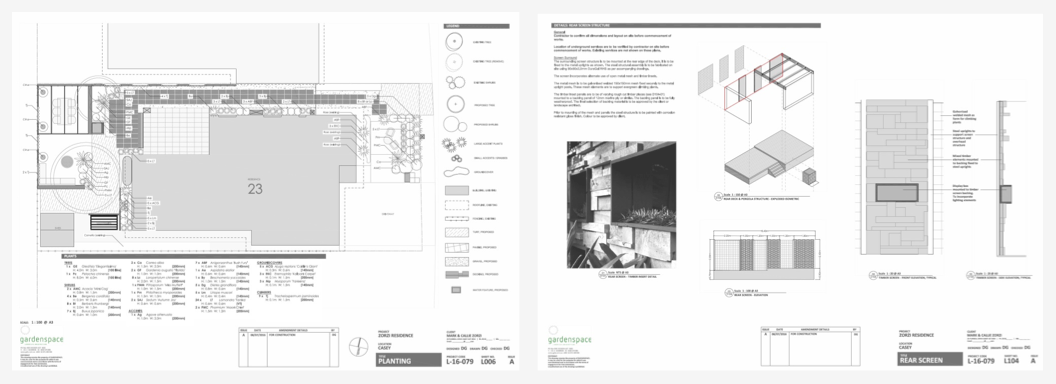 All details are finally put down on paper to provide clear instruction for contractor to execute the installation of the gardens. This level of detail means they can give the client clear detailed budgets and timelines, and gives the client the assurance they will get the garden spaces they expect.