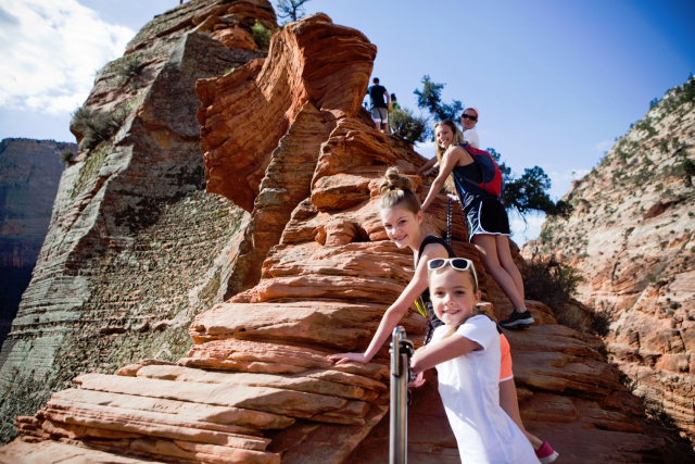 Haslams and Carmens USING their fitness on Angel's Landing.