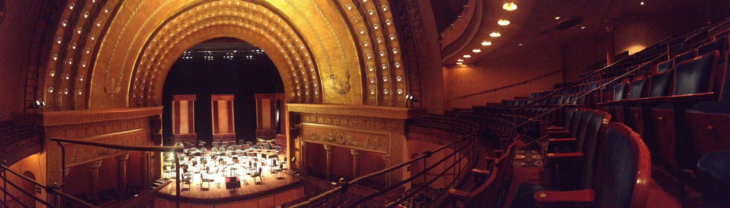 The gilded interior proscenium of The Great Southern Theater. Its geometry is created by lofting vertical and diagonal conic sections to create unique acoustic qualities.